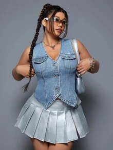 SHEIN CURVE+ Plus Size Women's V-Neck Single-Breasted Casual Denim Vest - Blue - View 1