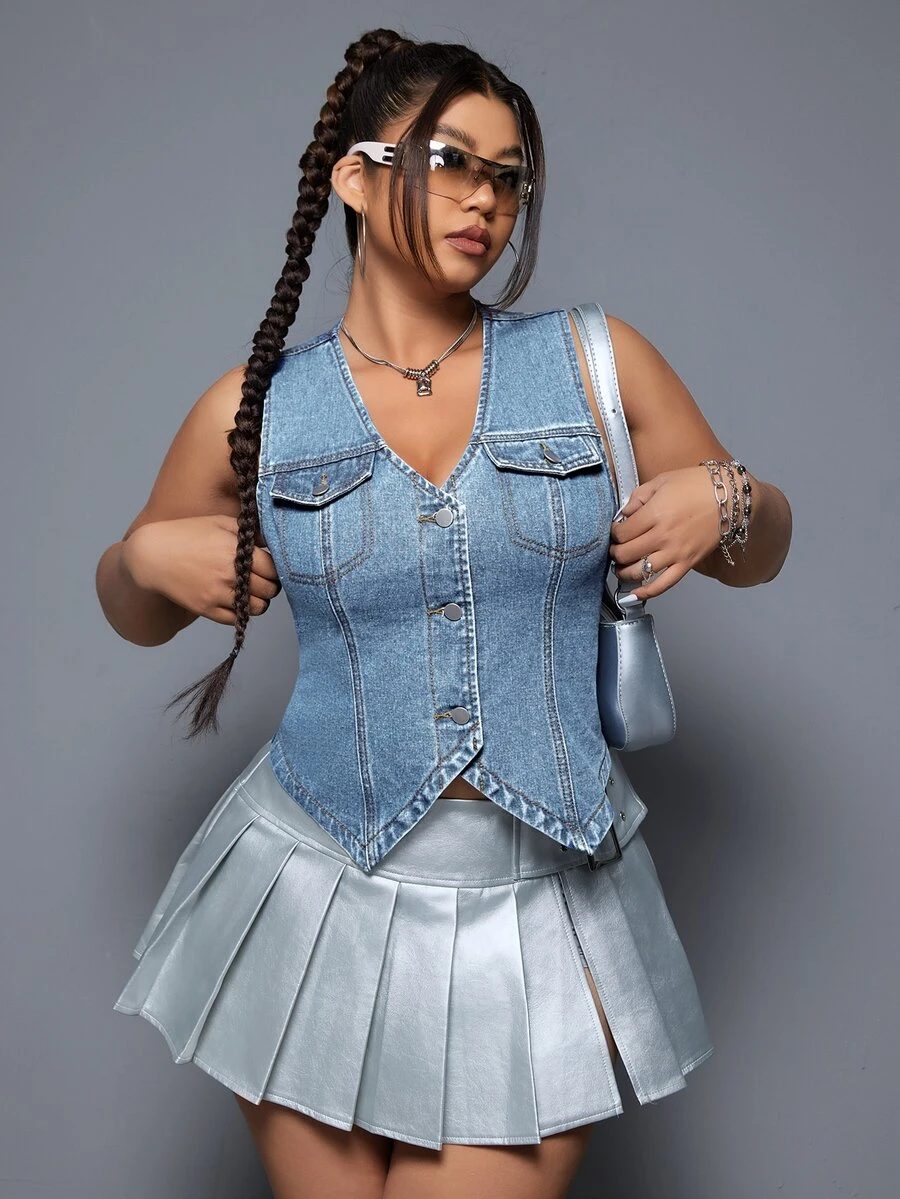 SHEIN CURVE+ Plus Size Women's V-Neck Single-Breasted Casual Denim Vest - Blue - View 1