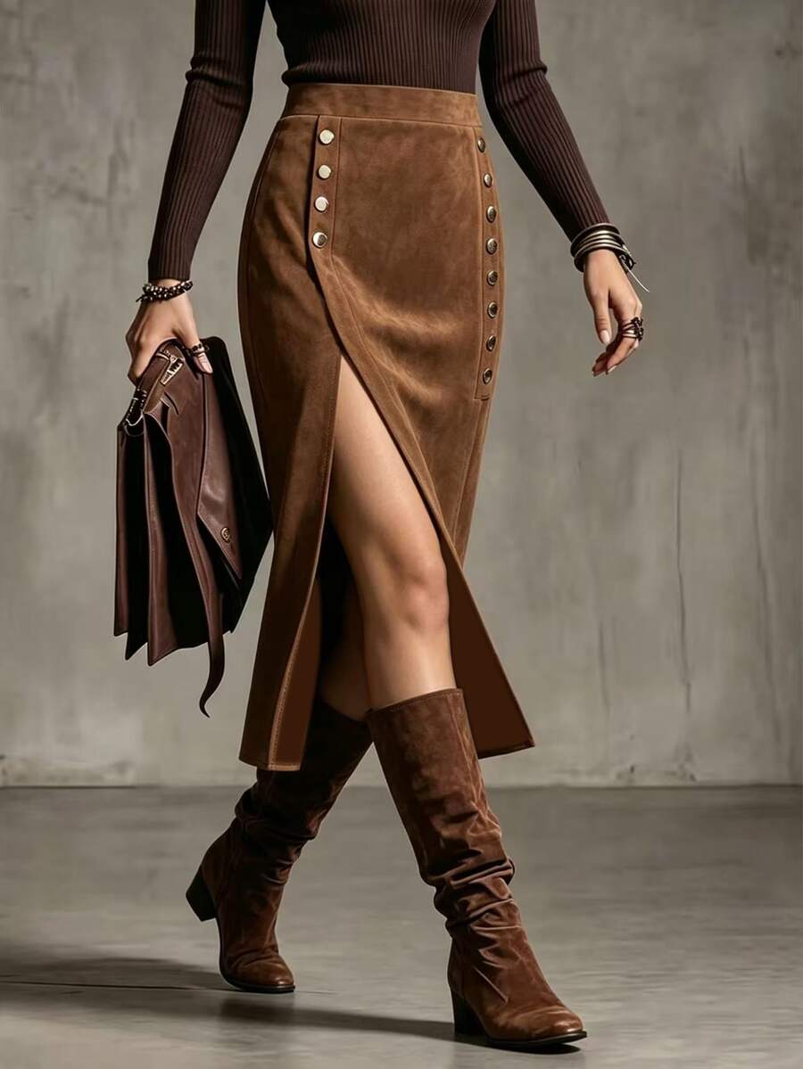 Linhara CURVE Plus Size Lady's Woven Skirt With Slit, Elegant For Autumn, Mid-Length Skirt - Coffee Brown - View 1