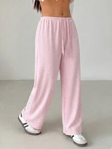 SHEIN PETITE 女款純色抽繩腰鬆軟針織寬鬆休閒長褲，秋冬款，寬腿褲 - 粉色 - 查看 5