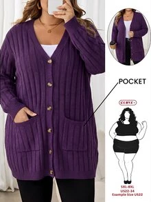 SHEIN CURVE+ 大尺碼女款純色休閒寬鬆百搭日常開襟衫 秋冬辦公居家穿搭 紫色 - 紫色 - 查看 1