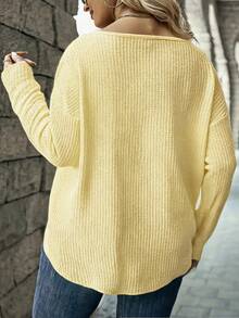 SHEIN LUNE New Fashion Casual V-Neck Button Long Sleeve Color T-Shirt For Women Fall - Light Yellow - View 2