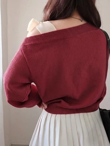 Dazy Plus Contrast Color Cold Shoulder Drop Shoulder Long Sleeve Bowknot Loose Casual Versatile Pullover Sweater Spring Autumn New Arrival - Burgundy - View 4