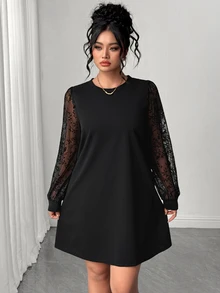 SHEIN Elenzya Black Wide Sleeve Embroidered Design Plus Size Dress - Black - View 7