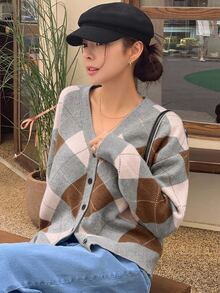 DAZY 女款鑽石格紋針織長袖單排扣休閒開襟衫 - 灰色 - 查看 3