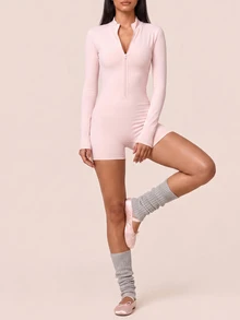 SHEIN BAE Women's Solid Color Hollow Back Design Long Sleeve Sports Romper - Baby Pink - View 2