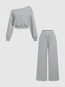 Sweetra Women's Asymmetrical Shoulder Long Sleeve Sweatshirt And Sweatpants Casual 2 Pieces Set - Light Grey - View 1