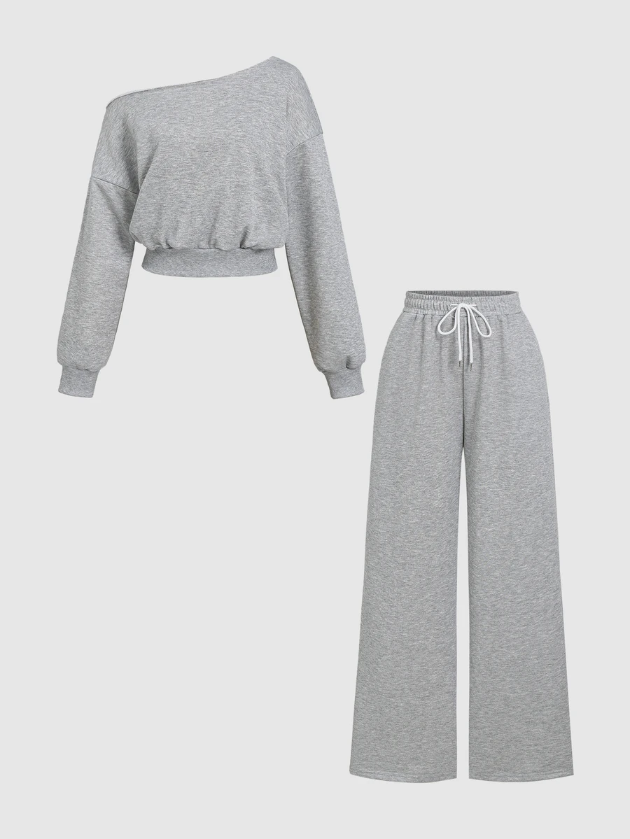 Sweetra Women's Asymmetrical Shoulder Long Sleeve Sweatshirt And Sweatpants Casual 2 Pieces Set - Light Grey - View 1