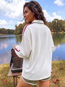 Exploreva Women's Side Stripe Polo Collar Long Sleeve Sports Sweatshirt - White - View 2
