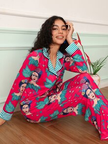 Chillnights Frida Kahlo X SHEIN Women's Character Print Single-Breasted Top And Pants Pajama Set - Red - View 6