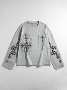 ROMWE MEN Street Life Vintage Men's Gothic Cross Graphic Distressed Long Sleeve T-Shirt - Grey - View 1
