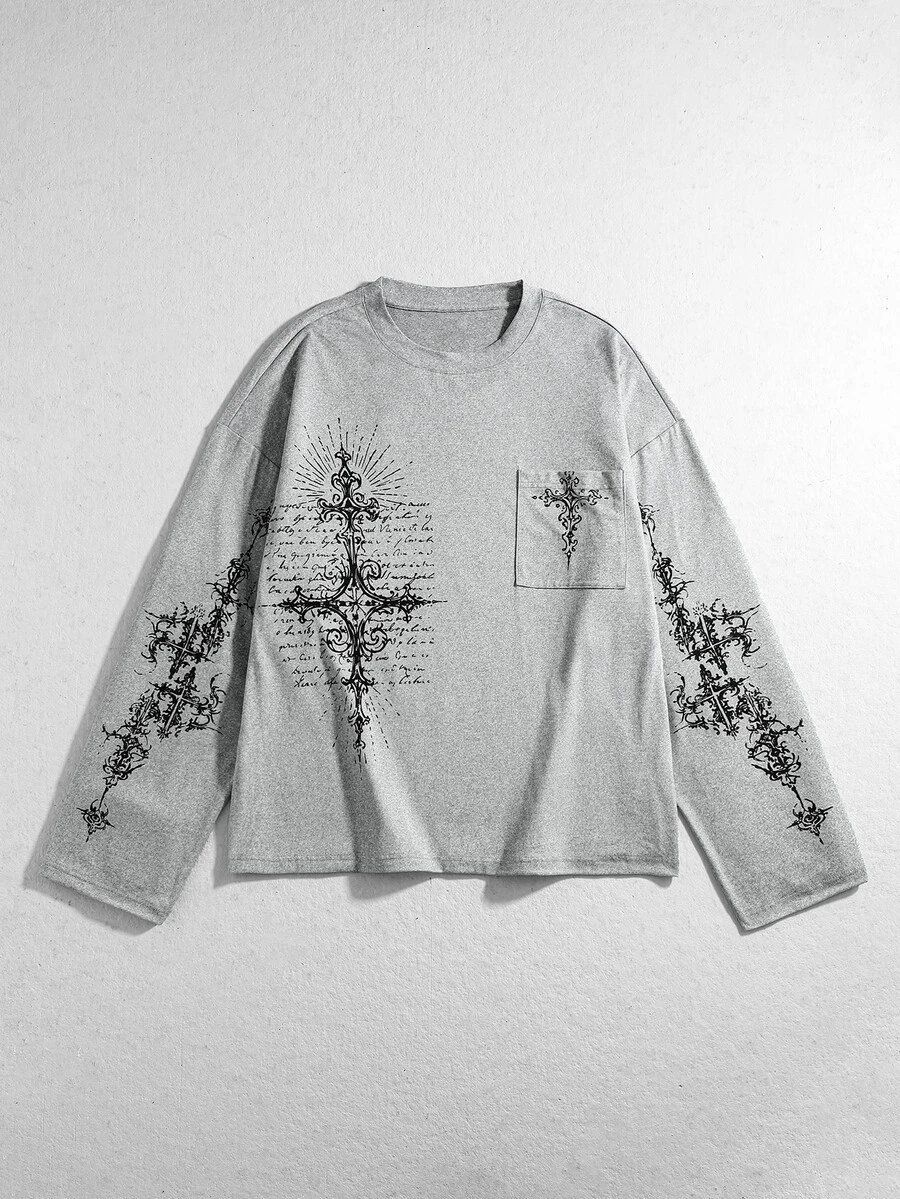 ROMWE MEN Street Life Vintage Men's Gothic Cross Graphic Distressed Long Sleeve T-Shirt - Grey - View 1