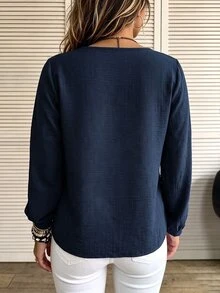EMERY ROSE Women's Plus Size Spring/Autumn Faux Linen V-Neck Blouse, Loose Fit Asymmetric Button Front Long Sleeve Top, Casual Commute Daily Travel Solid Color Pullover Shirt - Navy Blue - View 2