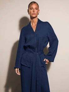 COSMINA Women's Solid Color Long Sleeve Waist Knot Top And Long Pants Elegant Set - Blue Gray - View 3
