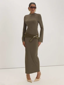 MUSEYN Khaki Jersey Long Sleeve Belt Detail Maxi Dress - Olive Green - View 1