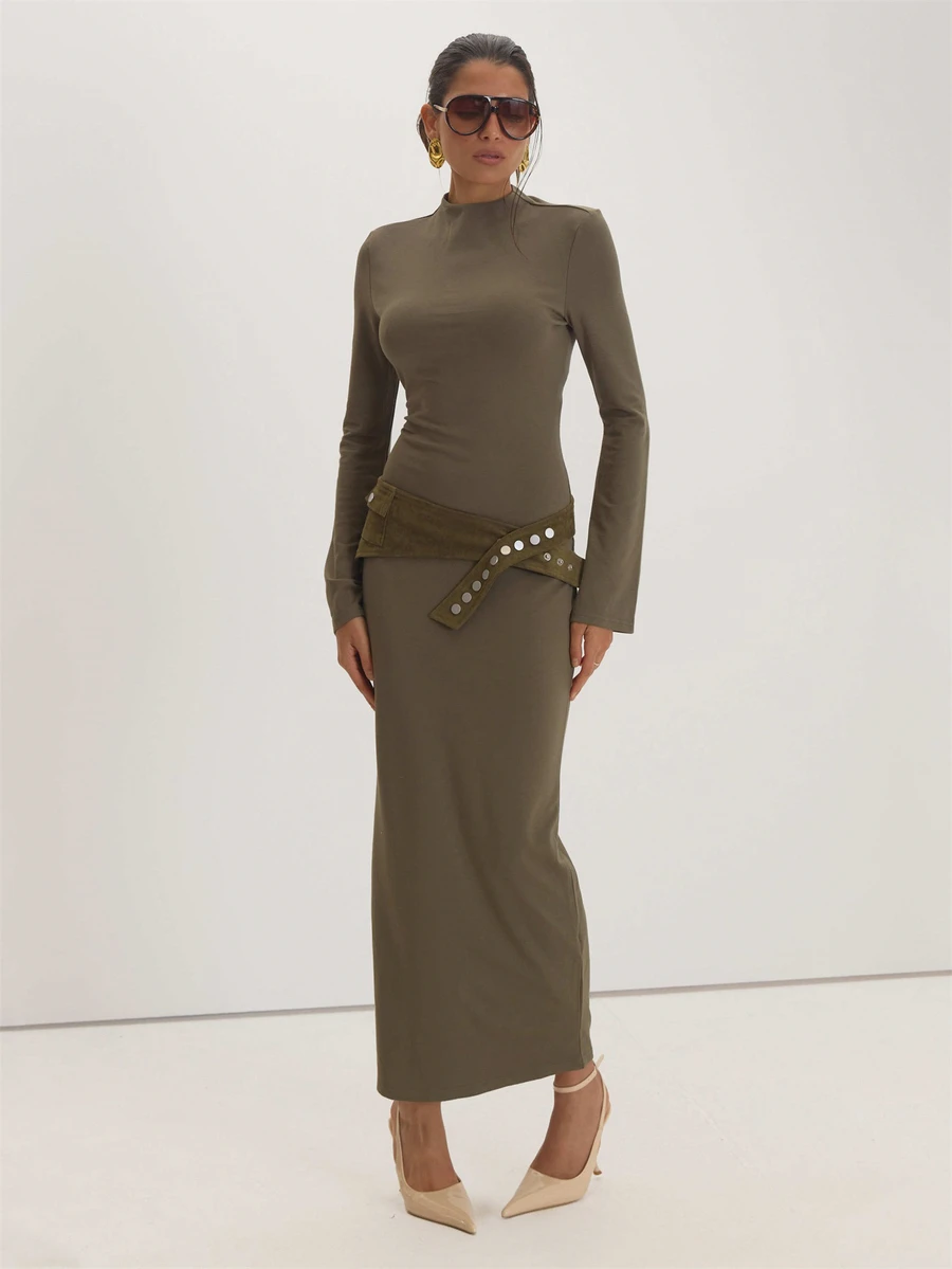 MUSEYN Khaki Jersey Long Sleeve Belt Detail Maxi Dress - Olive Green - View 1