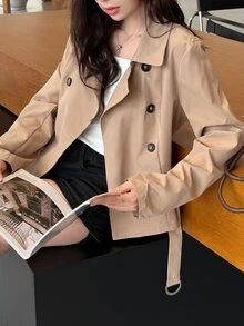 K-Vae Women's Long Sleeve Button-Up Collar Solid Color Casual Trench Coat Jacket - Apricot - View 1