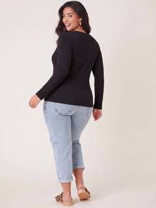 EMERY ROSE Plus Size Women V Neck Black Long Sleeve Fleece Thermal Shaping Tee Fit T-Shirt Fall/Winter Warmth - White - View 6
