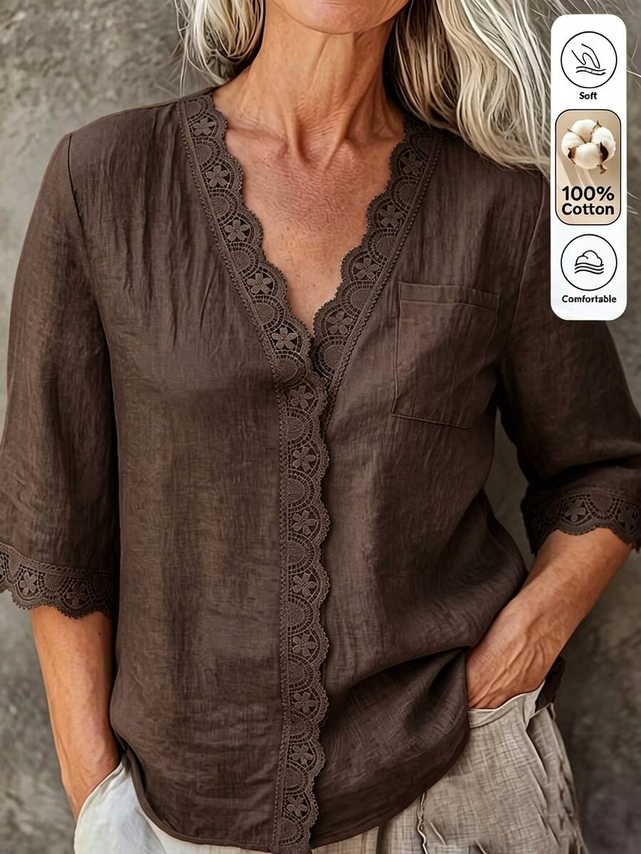 Linhara CURVE Plus-Size Women's Patchwork Lace Casual Autumn Blouse - Coffee Brown - View 1