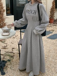 DAZY Women's Letter Print Long Sleeve Cinched Waist Ruched Hem Casual Hooded Sweatshirt Dress - Grey - View 1