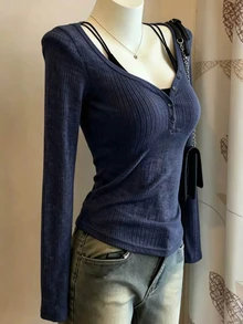 Lalippa Women's Button Design Long Sleeve 2 In 1 Top - Grey - View 3