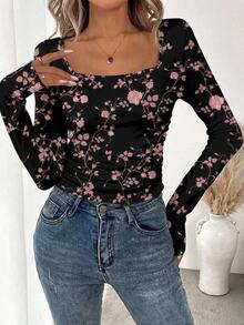 SHEIN LUNE Casual Minimalist Plus Size Square Neck Floral Print Daily Wear T-Shirt - Multicolor - View 3