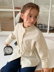 Hapijoa Girls' Stand Collar Long Sleeve Autumn Tie Waist Basic Jacket Shirt (Large) - Beige - View 5