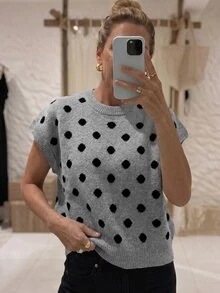 Louniche 秋冬新款卡其色波點休閒優雅復古慵懶針織背心女款針織上衣，適合休閒日常通勤居家辦公穿著，女款優雅針織上衣 - 灰色 - 查看 6