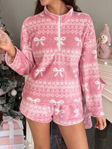 SweetSlumber Women's Bow Pattern Long Sleeve Half-Zip Stand Collar Top And Shorts Pajama 2 Pieces Set - Pink - View 1