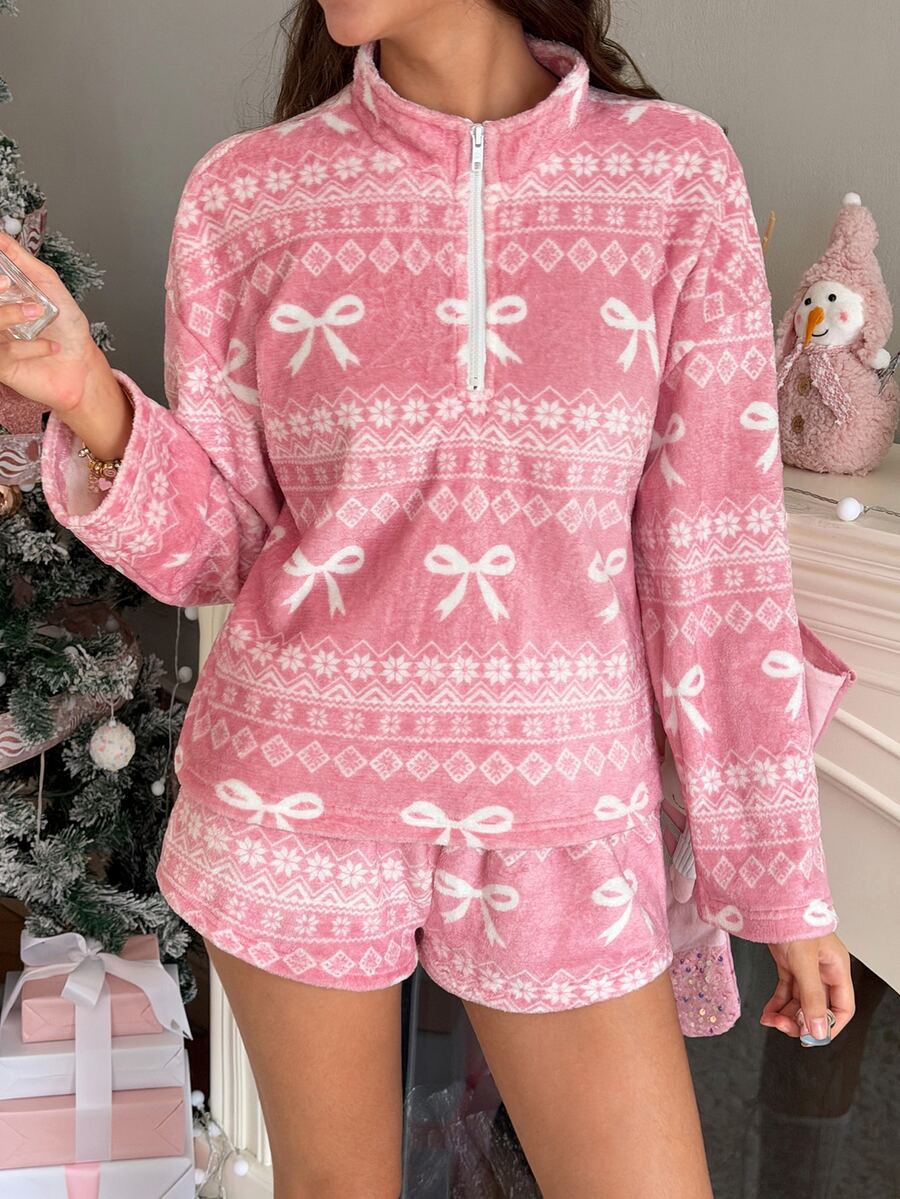 SweetSlumber Women's Bow Pattern Long Sleeve Half-Zip Stand Collar Top And Shorts Pajama 2 Pieces Set - Pink - View 1