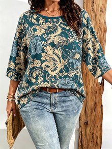 Breezaya Plus Size Women Casual Vintage Boho Floral Print Drop Shoulder T-Shirt, Suitable For Summer Wear - Multicolor - View 1