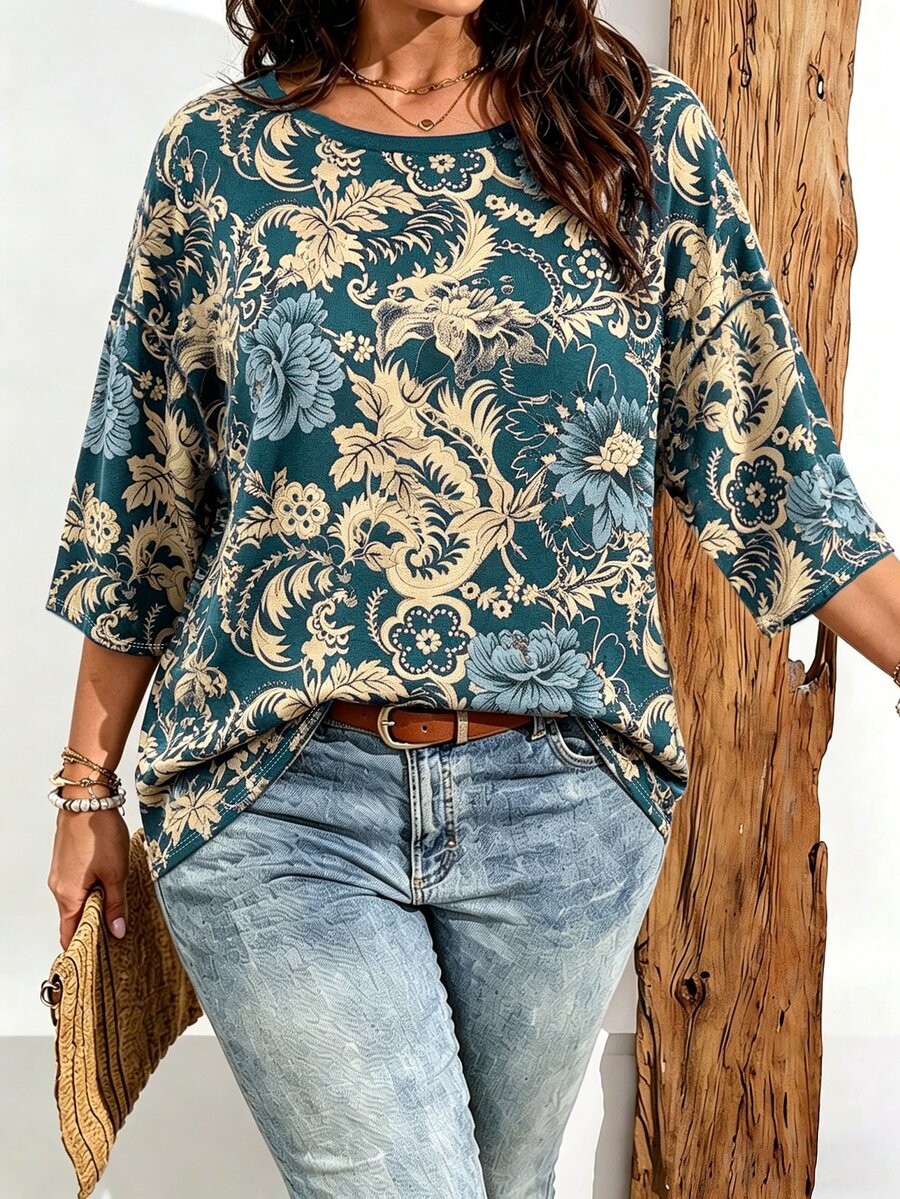 Breezaya Plus Size Women Casual Vintage Boho Floral Print Drop Shoulder T-Shirt, Suitable For Summer Wear - Multicolor - View 1