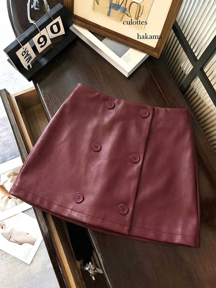 INAWLY Women's Double-Breasted Burgundy Skirt - Burgundy - View 1