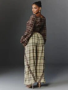 NYA SZN Pant Tie Button Up Plaid Stripe Holiday Festival Special Occasion Everyday Casual Work Concert Going Out Club Cozy Party Brown Neutral Fall Winter - Brown - View 6