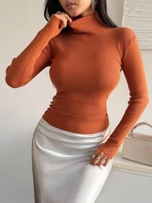 DAZY Women's Caramel Color High Neck Ribbed Knit Fitted Long Sleeve Base Layer Sweater With Side Button Decor Winter - Orange - View 8