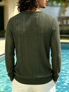 TONEVAULT Men's Spring/Autumn Army Green Hollow Crochet Round Neck Knit Sweater, Thin Long Sleeve Textured Pullover Casual Top - Green - View 2