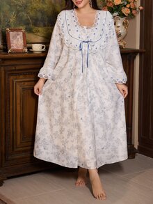 PalaceNights Vintage Floral Print Embroidered Patchwork Plus Size Robe + Camisole Nightgown 2 Pieces Set, Comfortable Loungewear - Multicolor - View 3