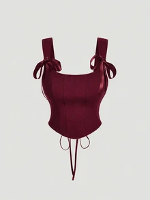 SHEIN MOD Plus Size Red Bow Front Tie Corset Tank Top - Burgundy - View 8
