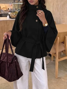 Aloruh Minimalist Commuter Brown Small Stand Collar Cape Trench Coat, Cinched Waist, Long Sleeve, Short Length Women's Jacket - Black - View 1