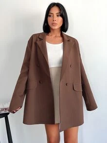 SHEIN Tall Size Lapel Neck Double Breasted Flap Detail Casual Blazer - Brown - View 1