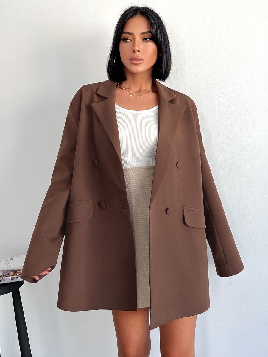 SHEIN Tall Size Lapel Neck Double Breasted Flap Detail Casual Blazer - Brown - View 1