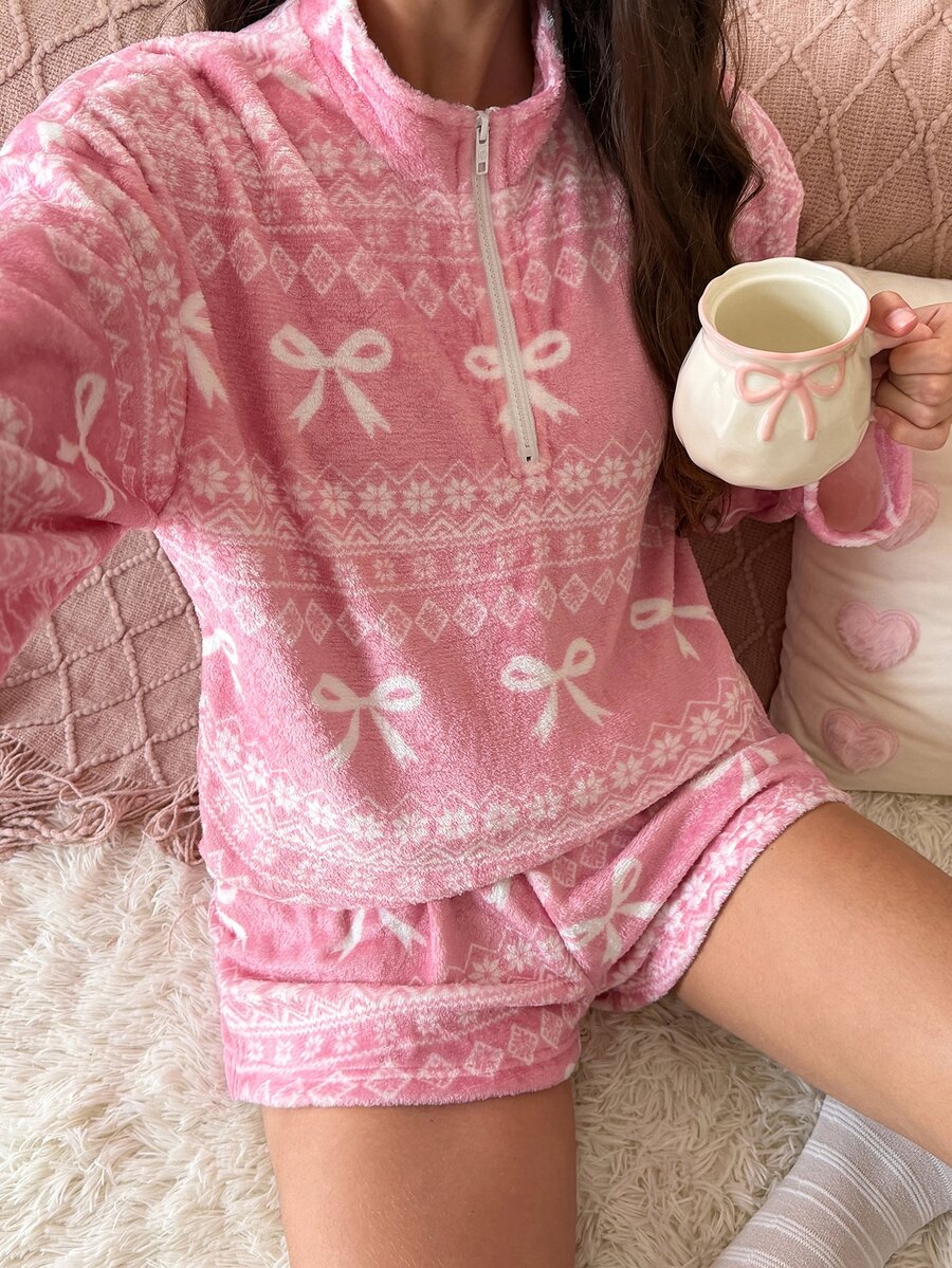 SweetSlumber Women's Bow Pattern Long Sleeve Half-Zip Stand Collar Top And Shorts Pajama 2 Pieces Set - Pink - View 1