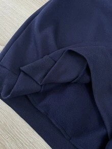 Easowa Women's Patchwork Striped Drop Shoulder Long Sleeve Casual Hooded Sweatshirt - Navy Blue - View 7