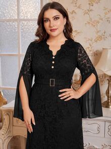 Reflora Plus Size Women's Contrast Lace Split Sleeve Button Design Elegant Dress - Black - View 5