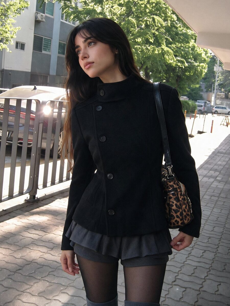 Sweetina Vintage Preppy Style Stand Collar Side Single-Breasted Black Wool Jacket - Black - View 1