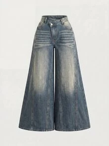 SHEIN MOD 大尺碼女款不對稱腰寬腿寬鬆休閒牛仔褲 - 藍色 - 查看 1
