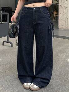 Dazy Plus Casual Washed Side Tie-Up Wide Leg Long Denim Pants For Girls, Spring/Autumn - Dark Wash - View 2