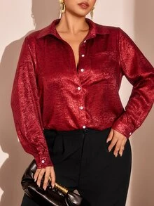 Cravure Autumn Pearlescent Texture Fashion Elegant Commute Party Date Loose Lightweight Textured Draped High-End Women's Blouse - Burgundy - View 1