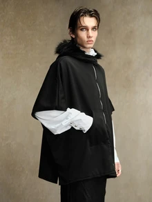ROMWE MEN Men's Solid Color Zipper Front Pocket Patchwork Fur Hooded Cape Jacket - Black - View 8
