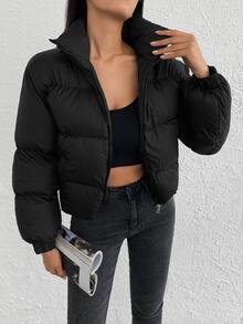 SHEIN Plus Slant Pockets Zip Up Solid Color Casual Padded Coat - Black - View 5